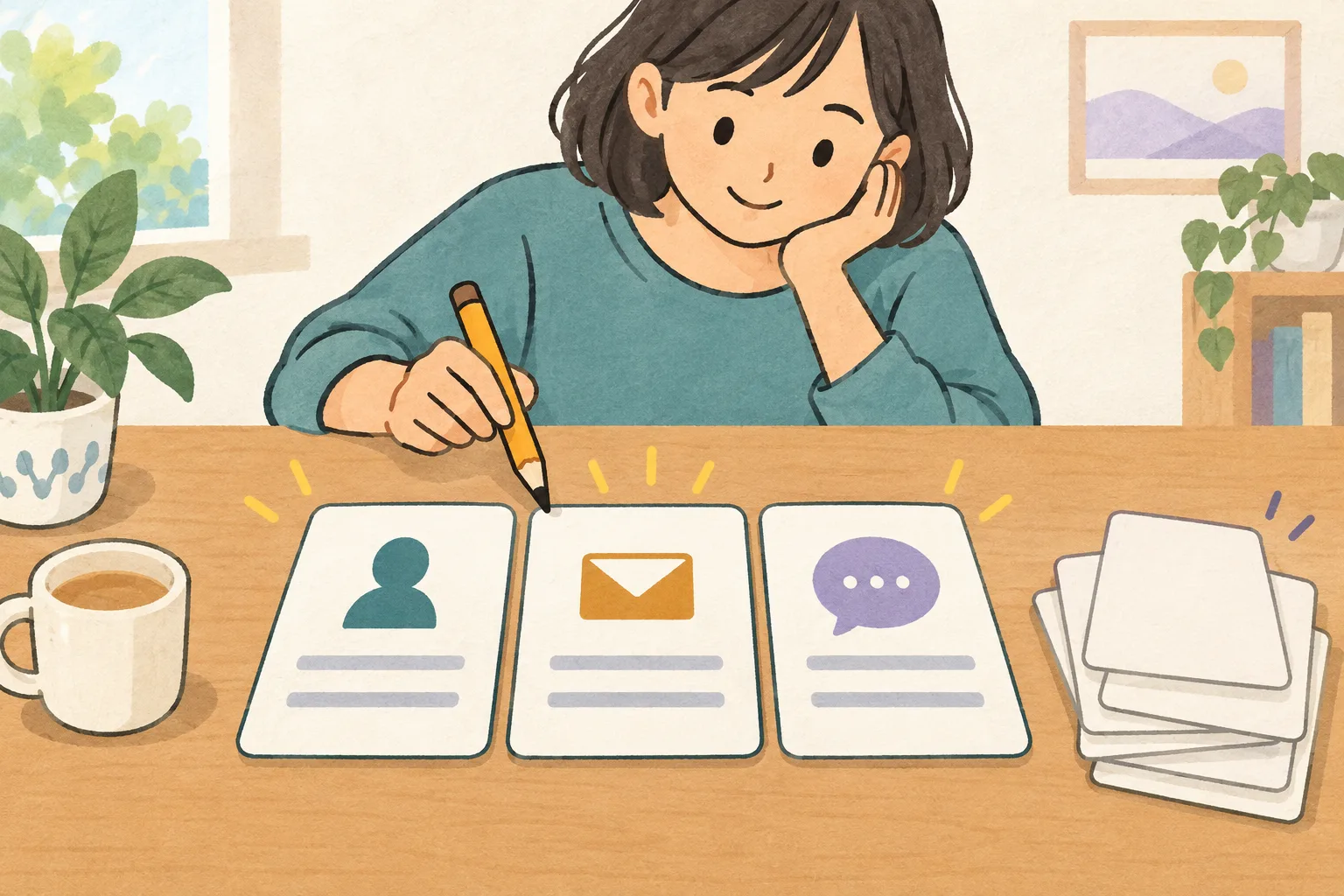名前、メール、相談内容を表す3枚のカードを並べ、使わないカードを脇に置いたイラスト。