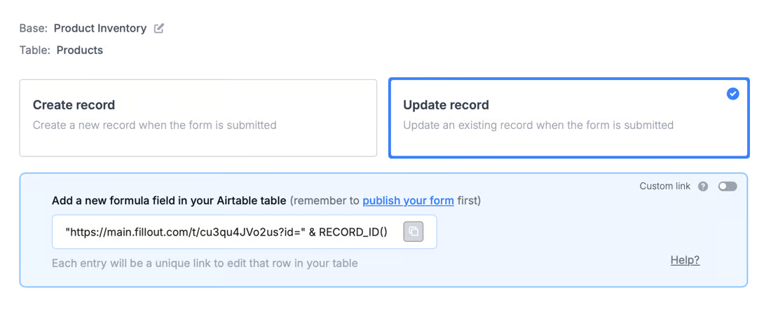 FilloutのAirtable連携でUpdate recordを選択し、更新フォームのリンクを設定する公式画面。