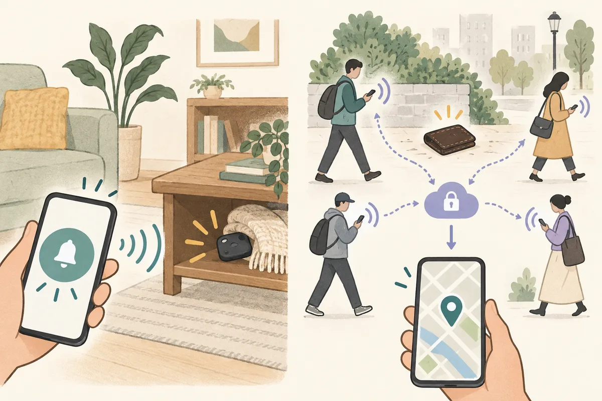 室内ではスマートフォンからタグの音を鳴らし、遠方では周囲の端末が検知した位置を所有者のスマートフォンへ伝える仕組みの概念図