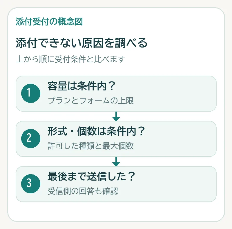 容量、形式、個数と送信完了を順に調べる確認図